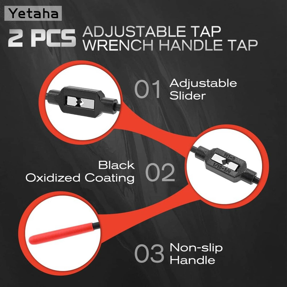 Adjustable tap wrench handle with black body and non-slip red handle grips