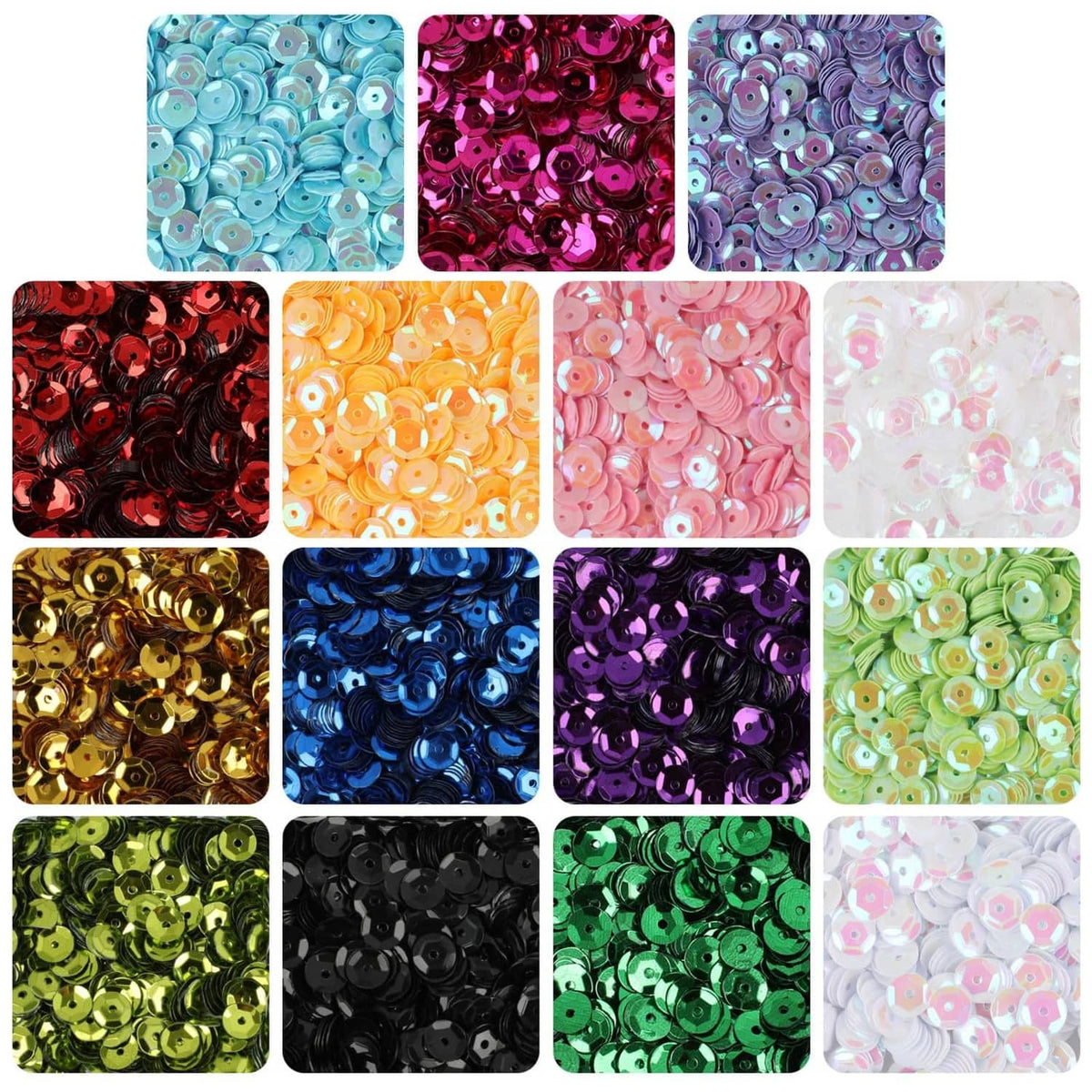 7mm iridescent round cup sequins, rainbow color assortment in small square trays