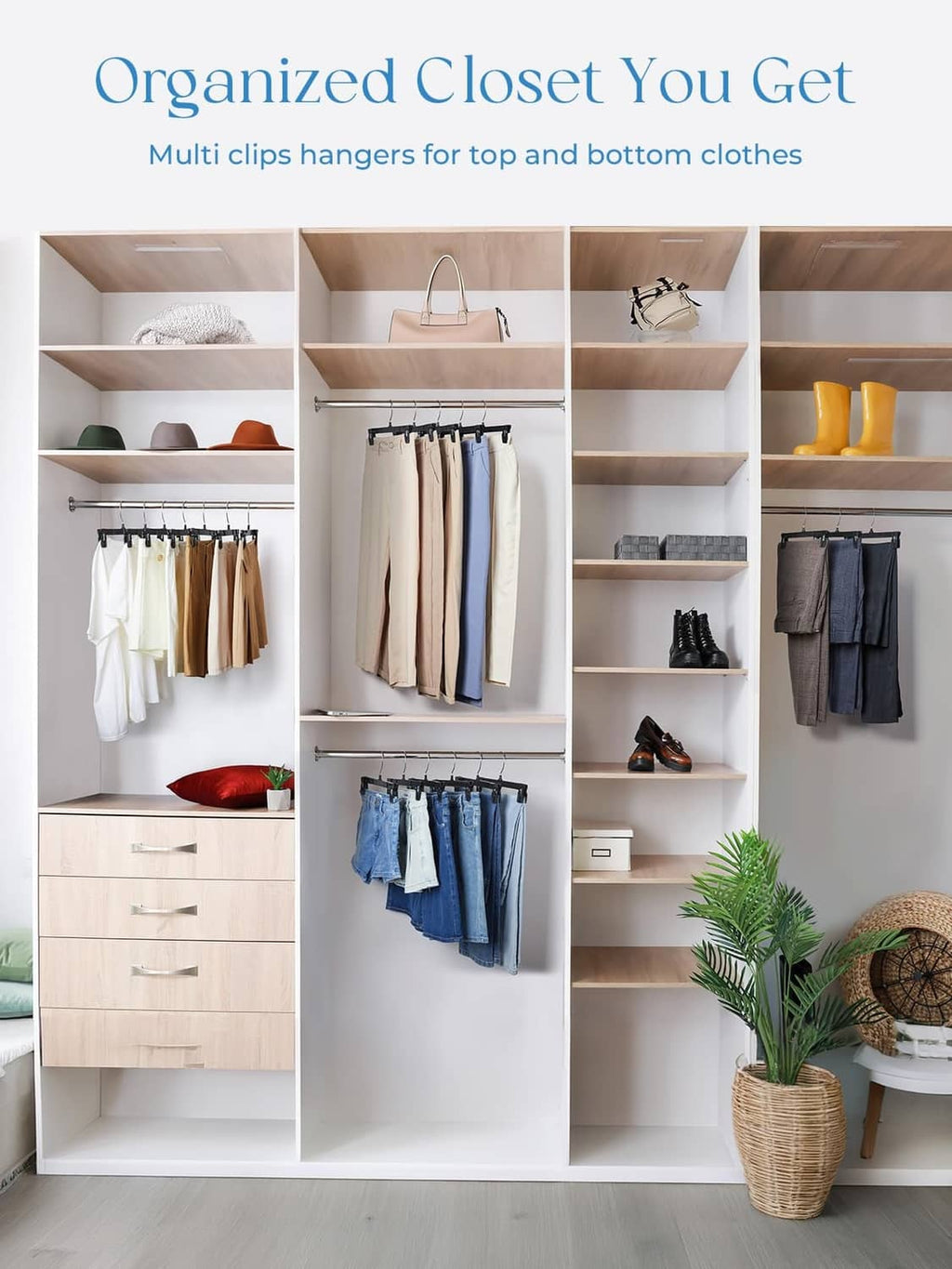 Closet organizer showing pants hanging on black clip hangers