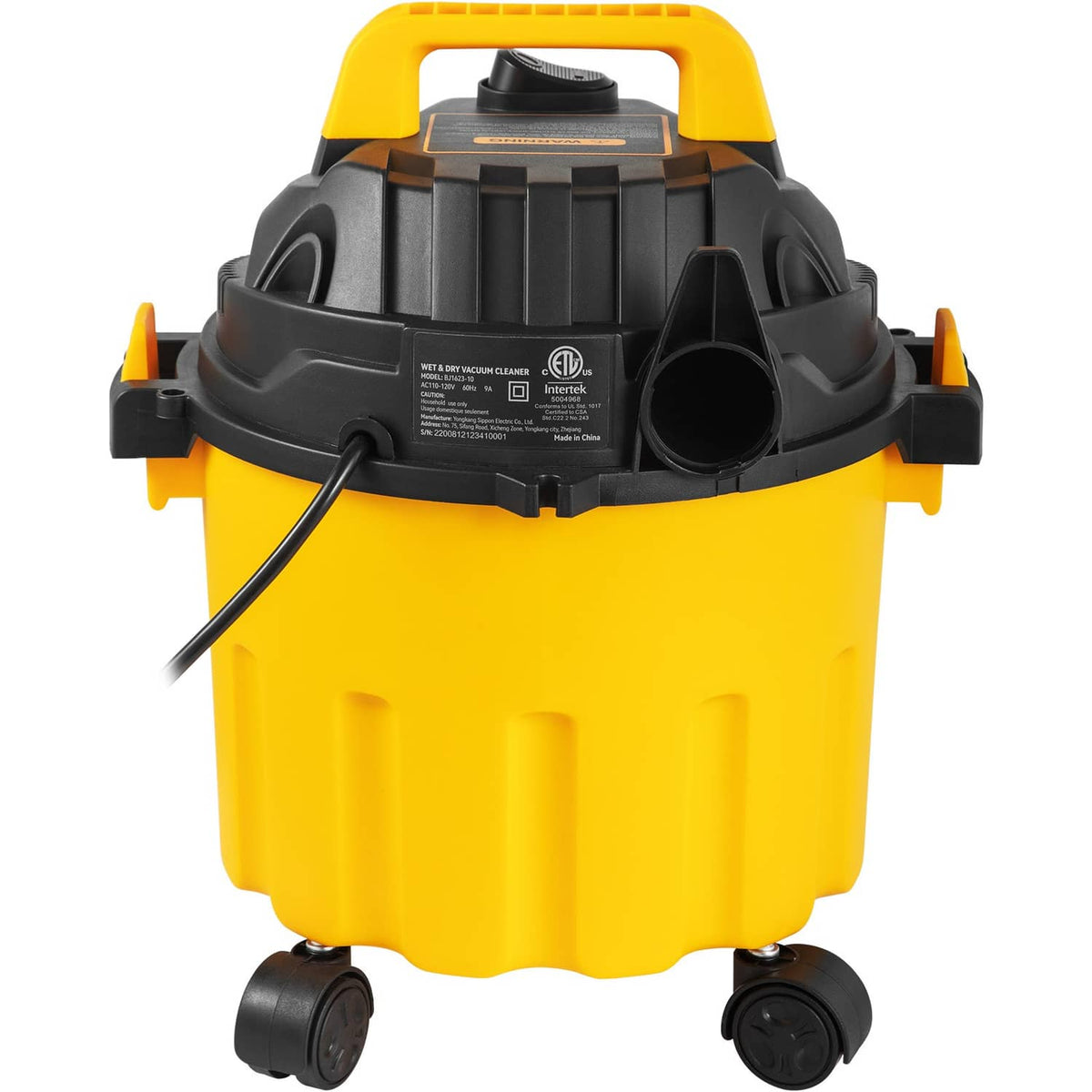 Top and rear view of yellow and black wet/dry shop vacuum with exhaust port