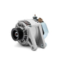 Silver alternator with black pulley and mounting bracket, with electrical terminals on top