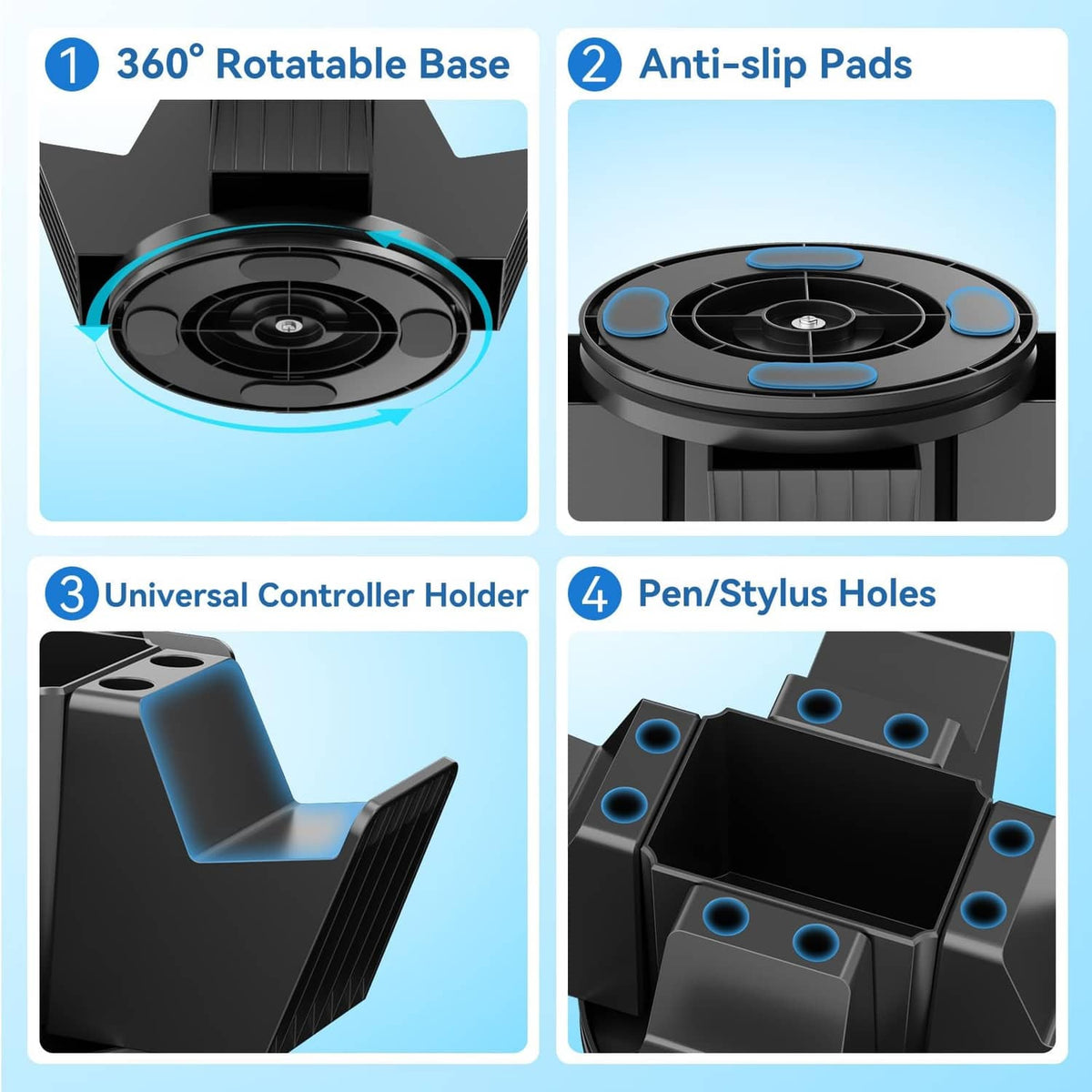 Black rotatable organizer base with anti-slip pads and pen/stylus holes on top