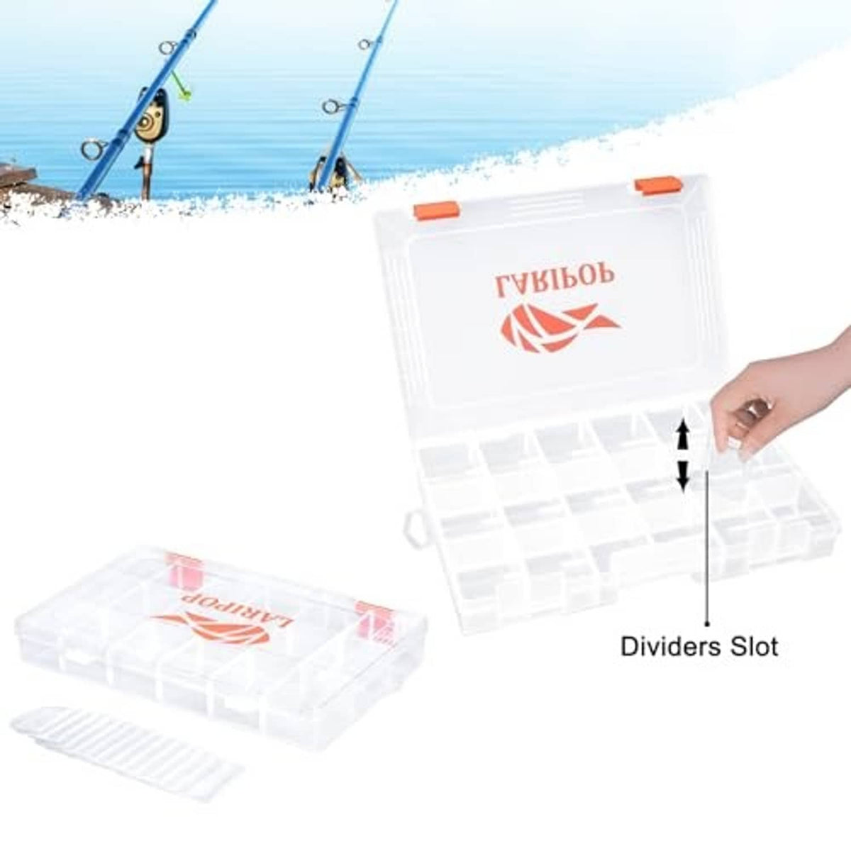 Clear fishing tackle box with orange latch, divider slots, and open front compartments