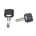 Pair of black metal robot control cabinet mode selector keys with cut teeth