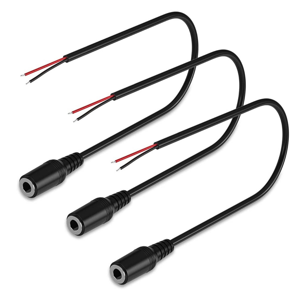 3.5mm audio jack-to-wire cable set, black housings with red/white stripped leads (3-pack)
