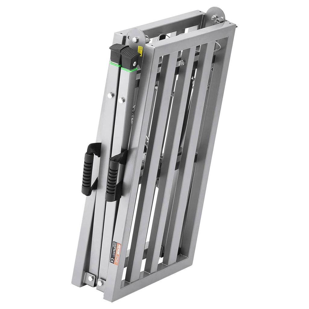 Folded portable scaffolding platform with support rungs and black safety knobs