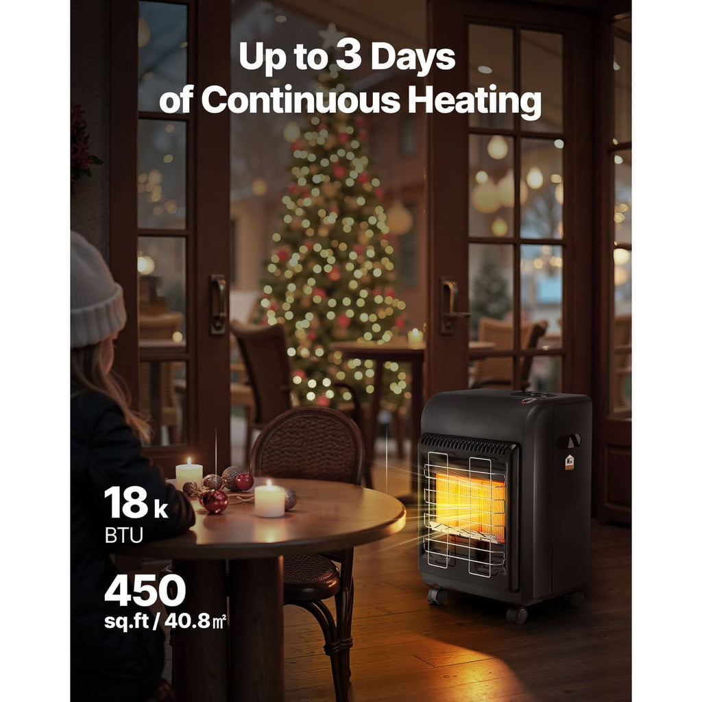 Portable propane heater with glowing orange heating element and front safety grille