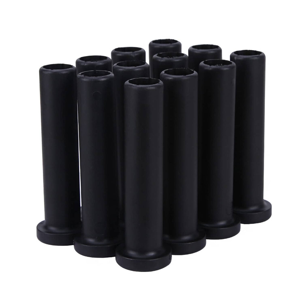 Black cylindrical rubber bushing sleeves, bushing kit shown from side angle
