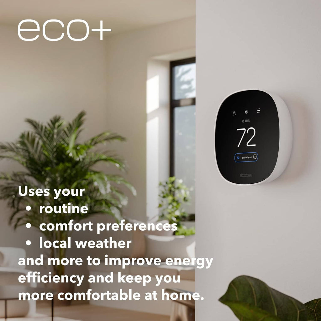 White smart thermostat on wall displaying 72° with eco+ features callouts