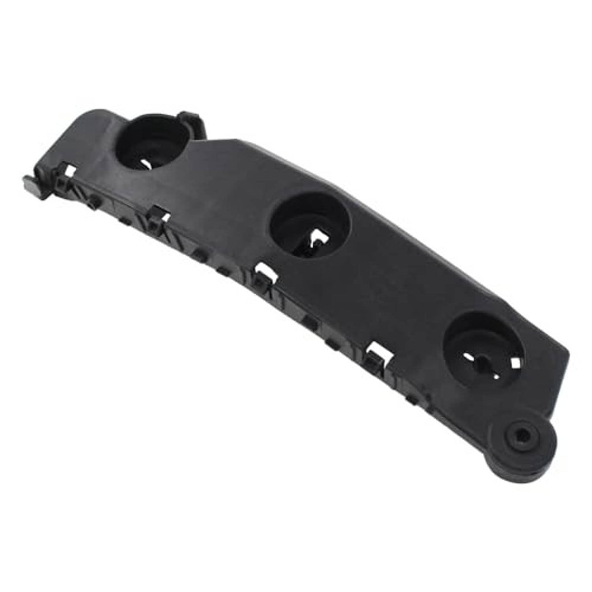Single front bumper bracket support, black plastic with round openings and corner mounting stud.