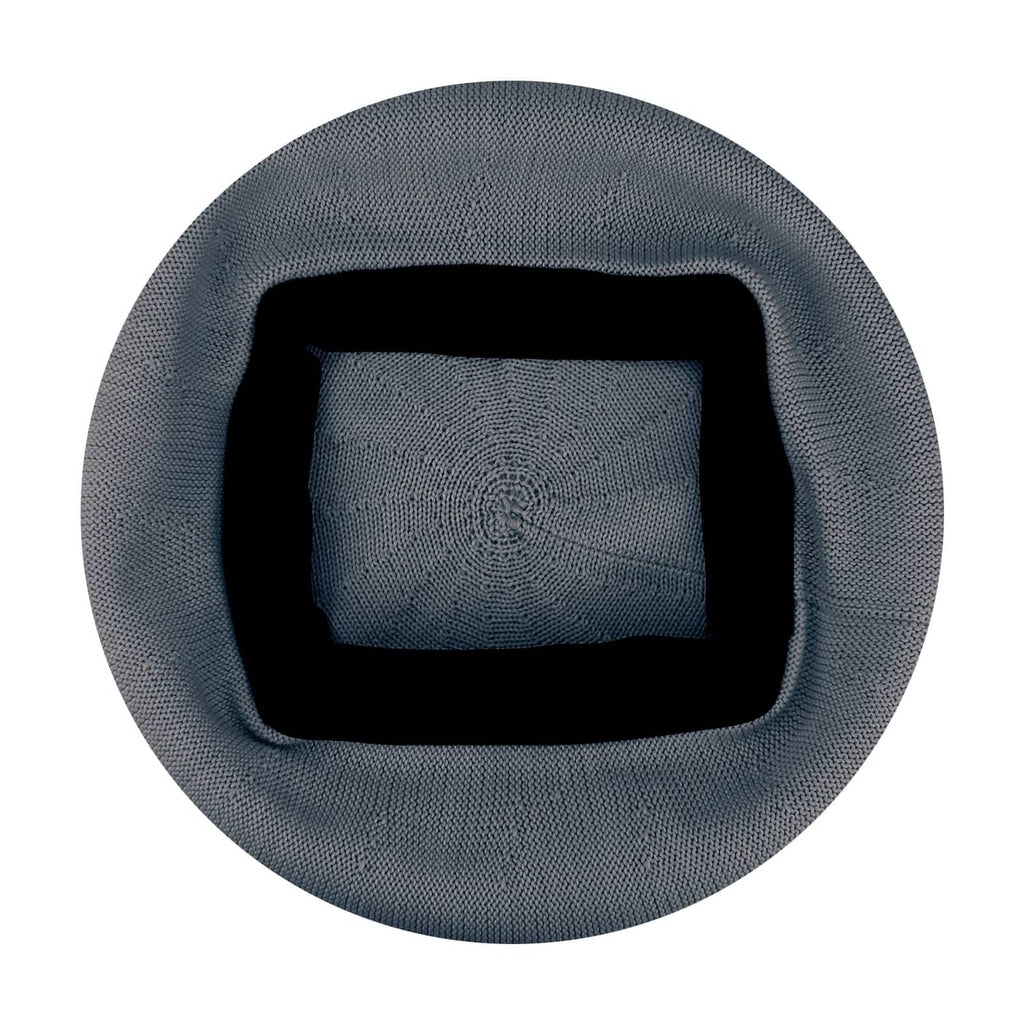 Dark grey knitted beret hat, inner view with adjustable tie