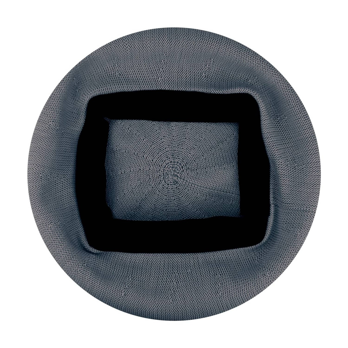 Dark grey knitted beret hat, inner view with adjustable tie