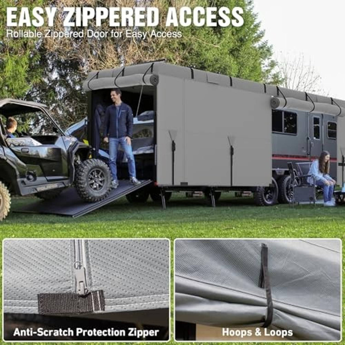 Gray RV cover on a trailer with zippered access door and hoop-and-loop straps