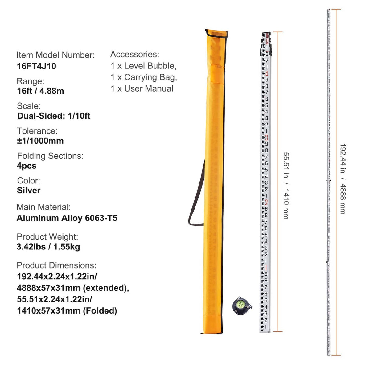 Telescopic measuring rod with yellow outer frame and feet/1-10 scale markings