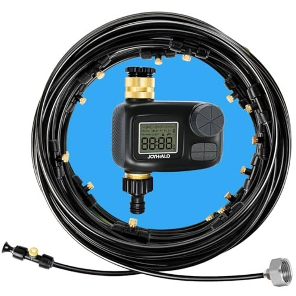 Outdoor misting timer with connected black hose coil and brass connector fittings
