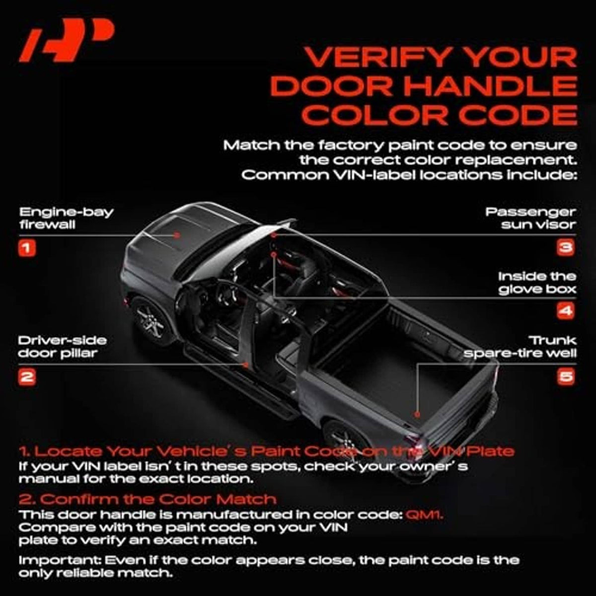Door handle color code verification graphic for passenger-side replacement