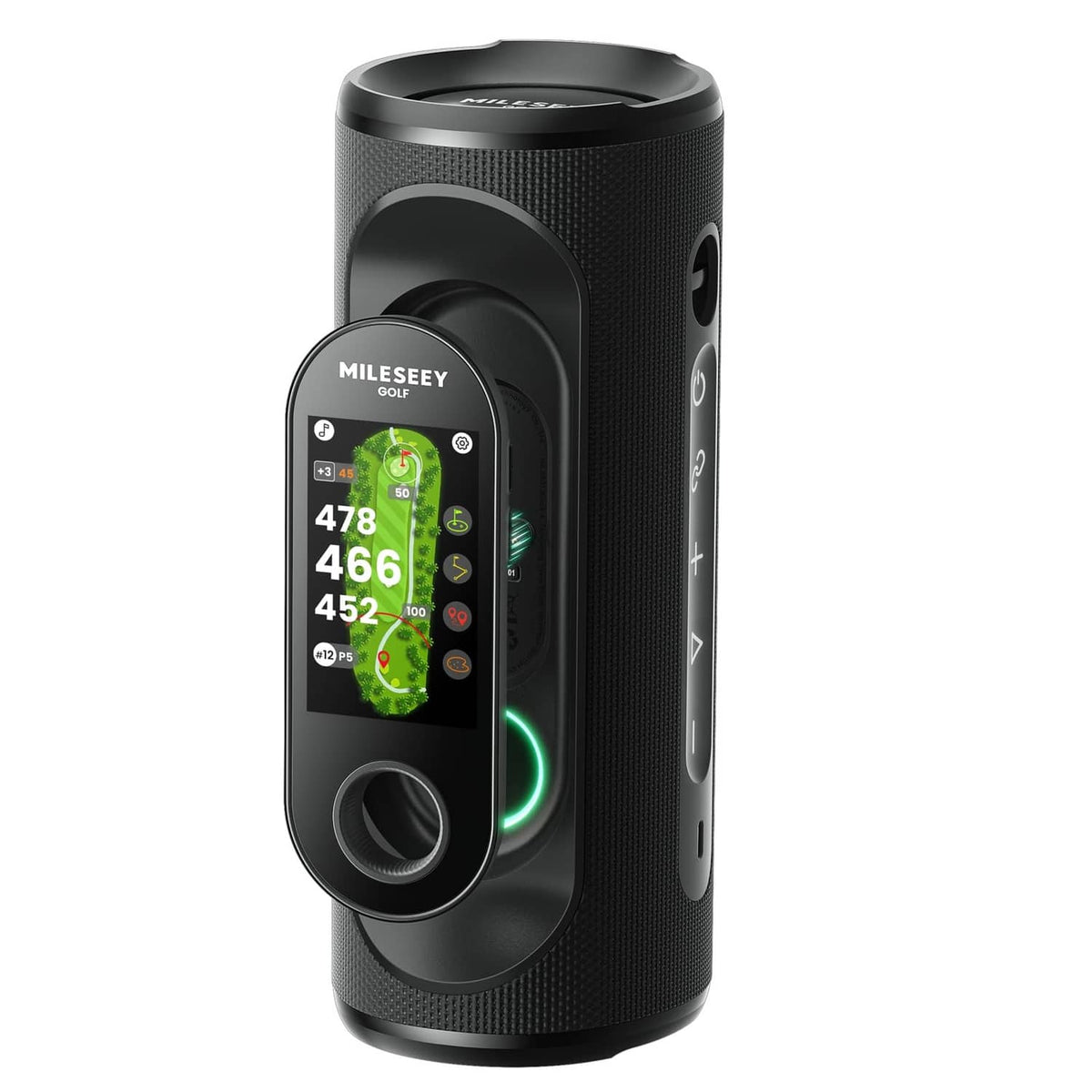 Obsidian black portable golf speaker with built-in display and speaker grille