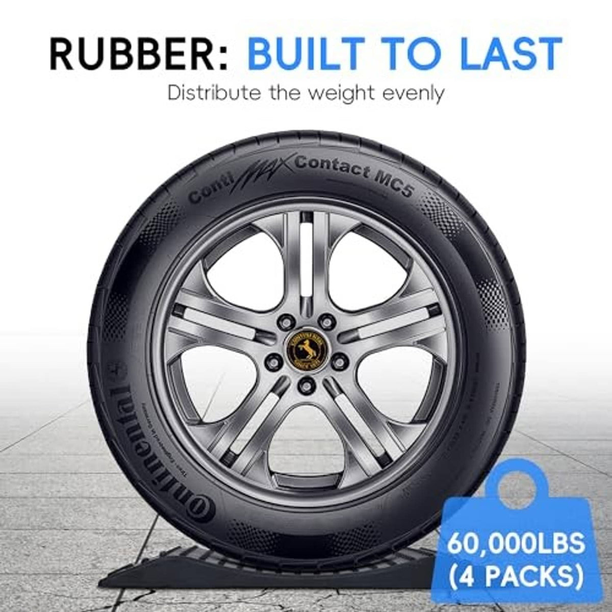 Black rubber tire wheel ramp under an alloy wheel, textured anti-slip pad.