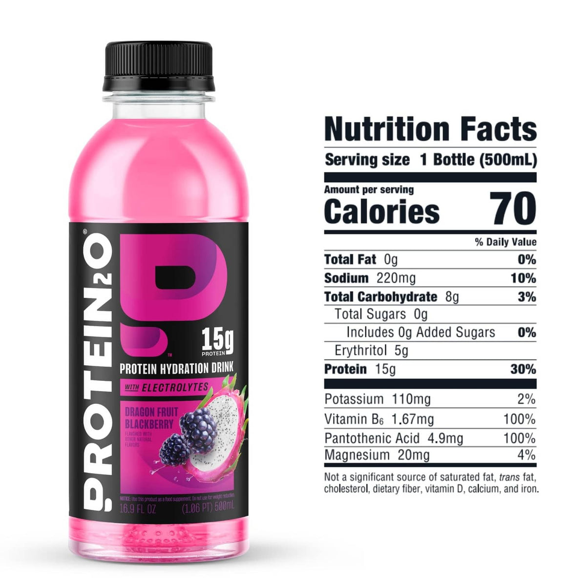 Protein hydration drink bottle with Nutrition Facts panel, 15g protein, 500 ml serving