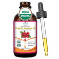 Organic rosehip seed oil bottle with dropper, featuring USDA Organic badge