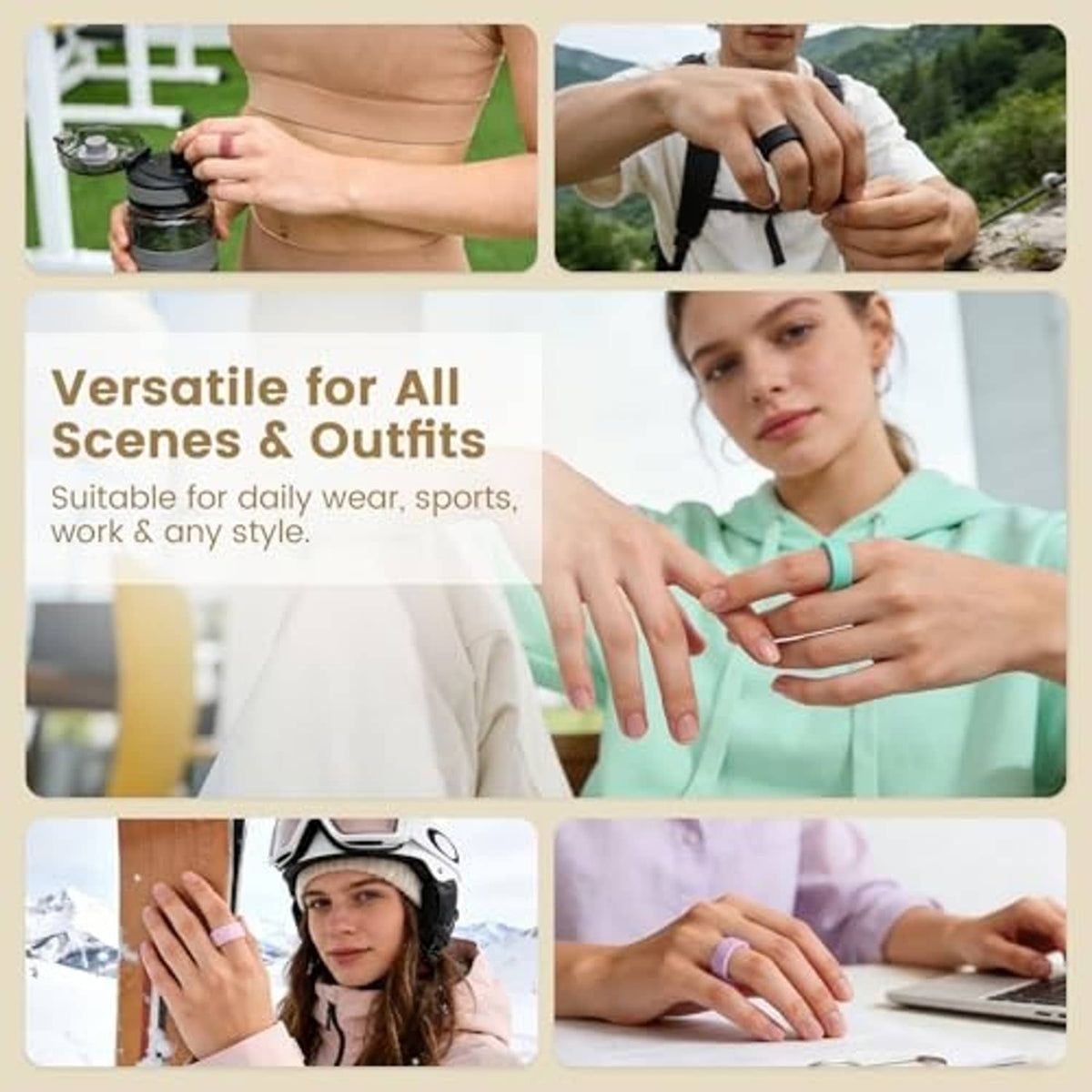 Ring covers shown with daily wear across multiple outfits and activities