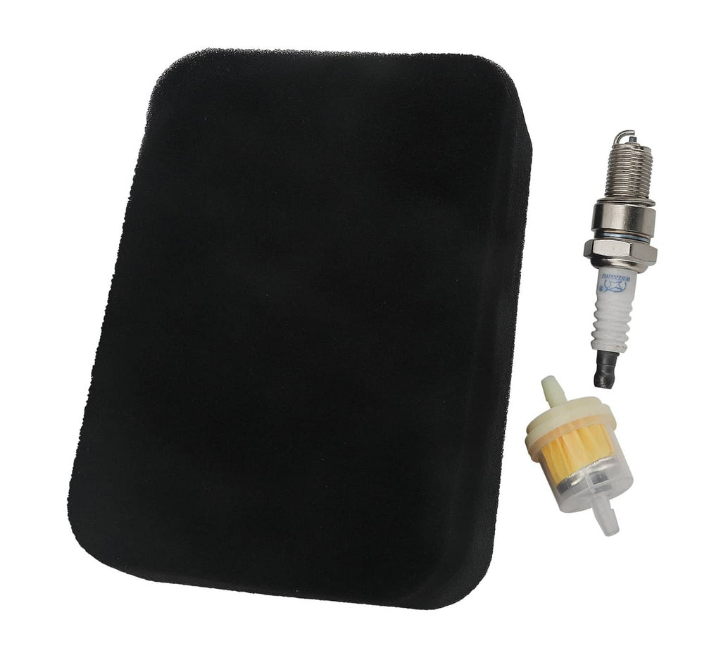 Black foam air filter pad with spark plug and yellow cap, front and side view