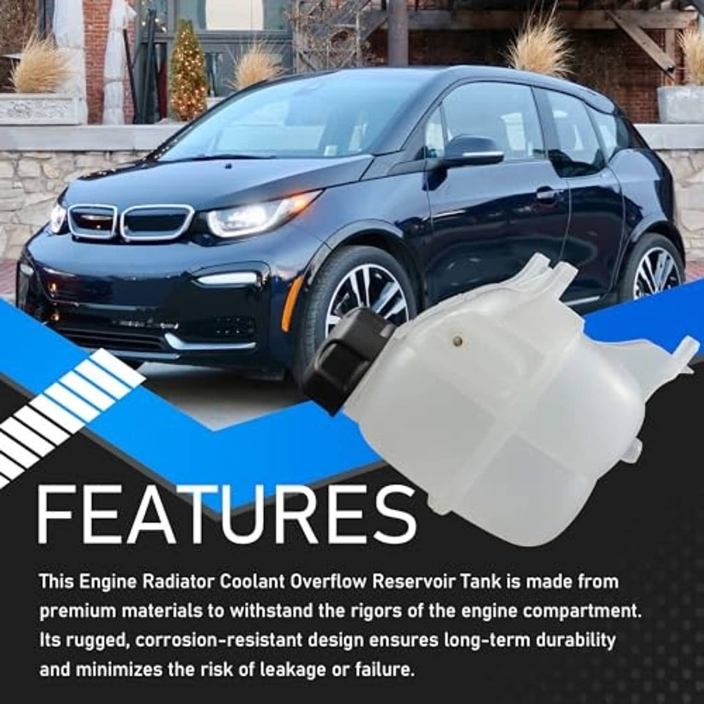Engine coolant overflow reservoir tank with black cap, translucent white with mounting tabs