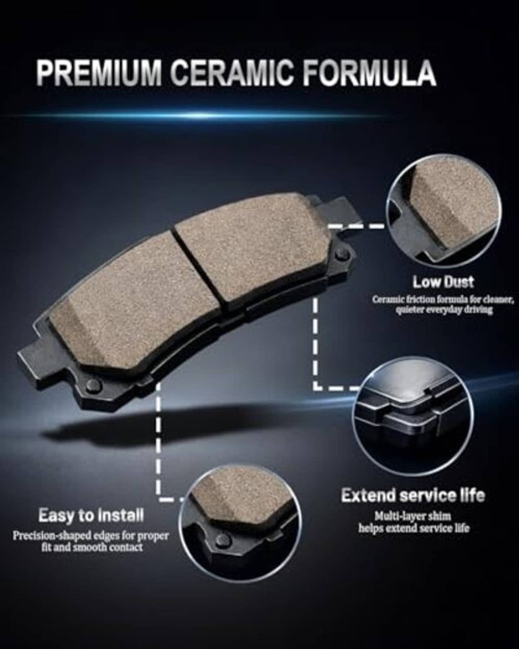 Premium ceramic brake pads with friction surface shown and install detail inset
