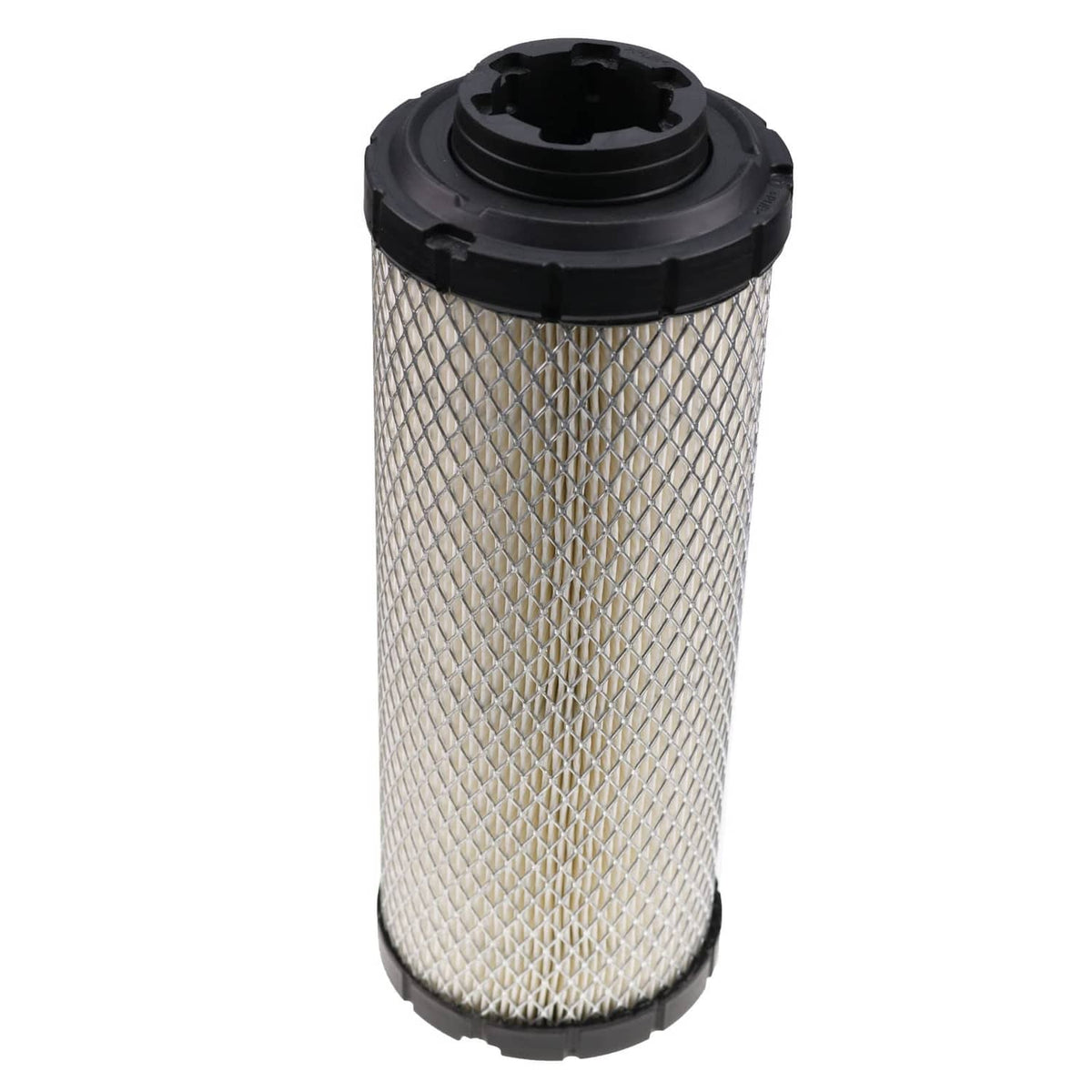 Air filter cartridge with black cap and white pleated mesh filter element