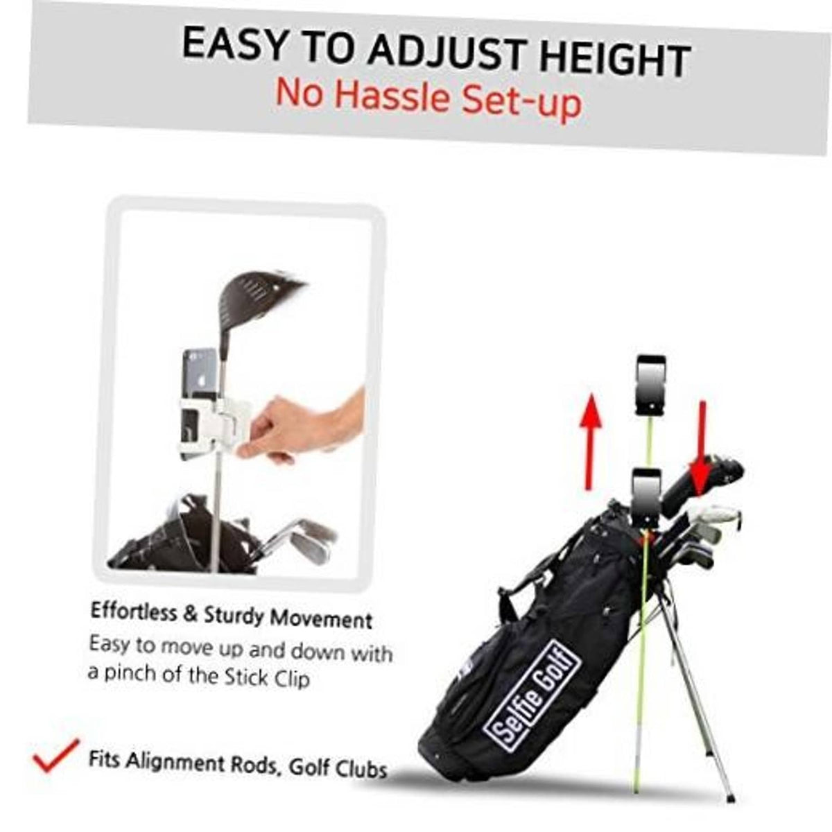 Adjustable height golf swing analyzer with phone mount on tripod