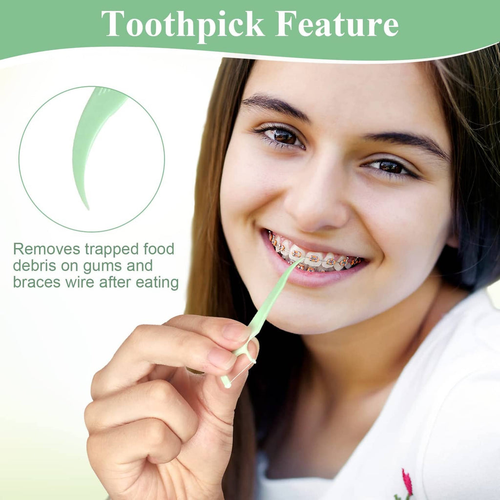 Toothpick-style green orthodontic flosser removing food around braces wire