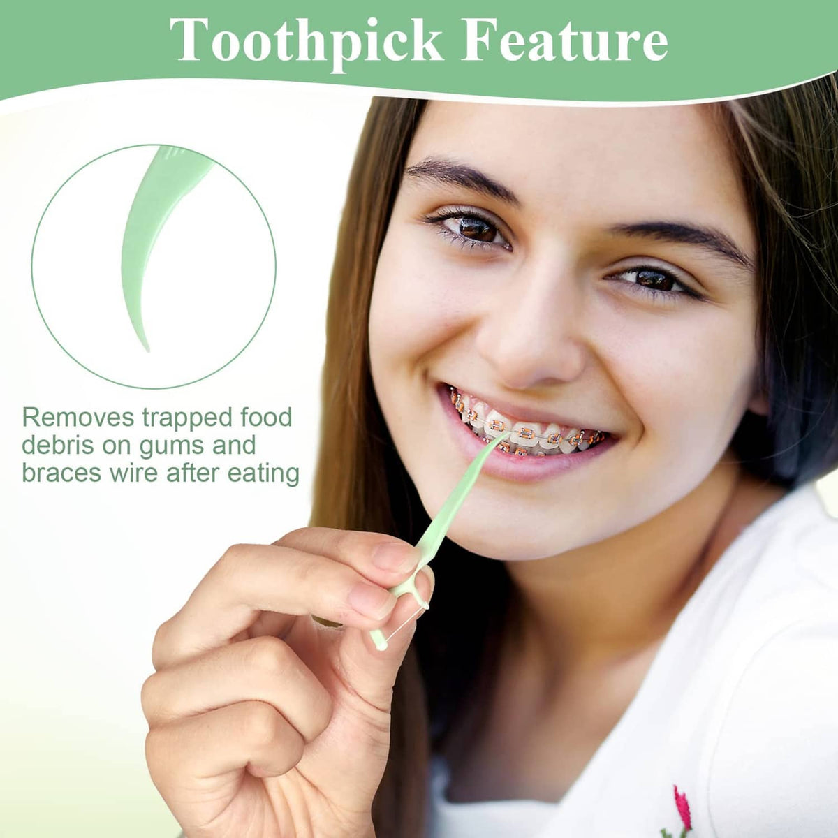 Toothpick-style green orthodontic flosser removing food around braces wire