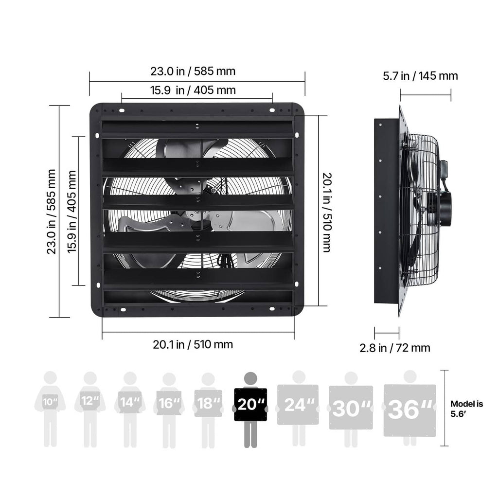 Wall-mounted exhaust fan with shutter louver, black housing and multi-blade fan