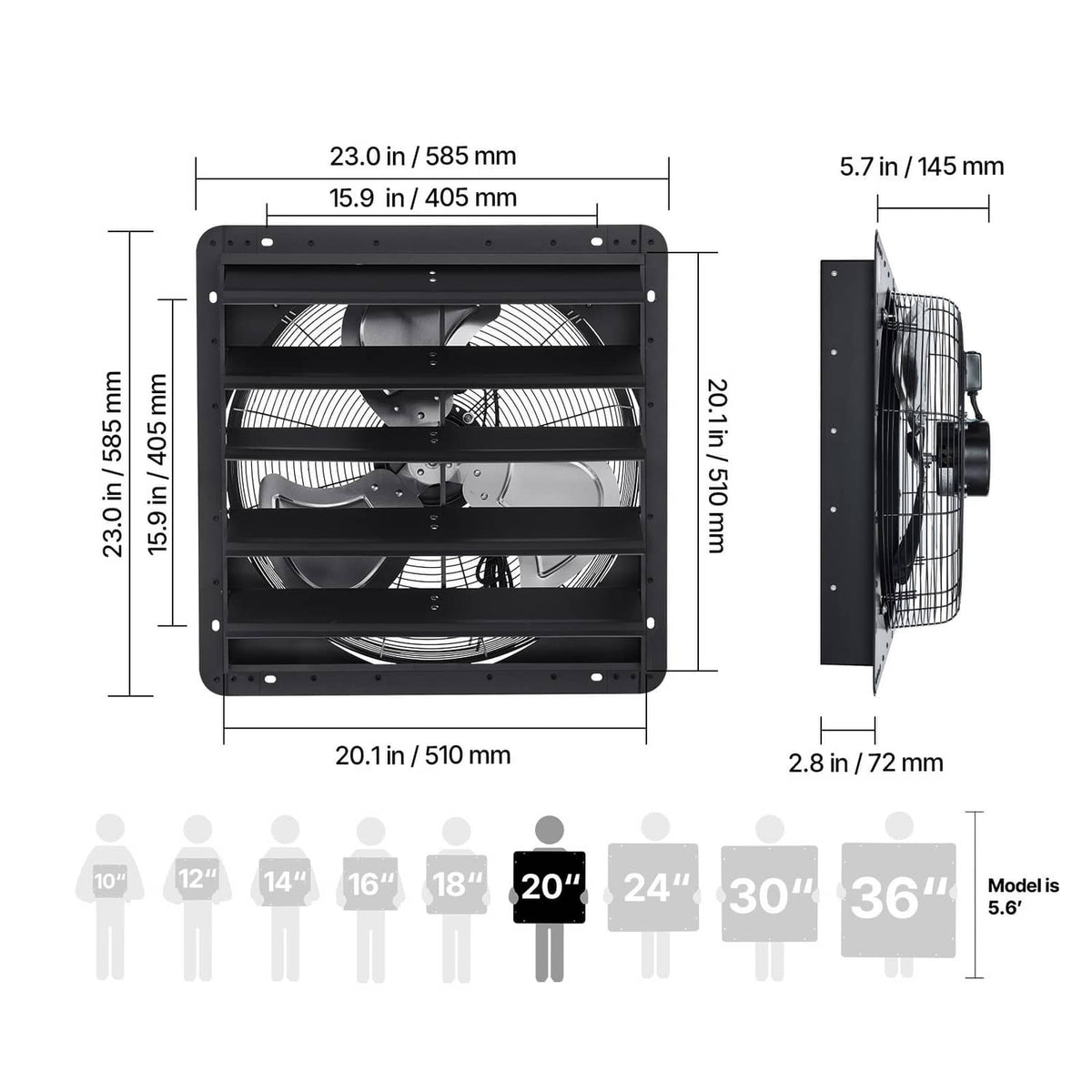 Wall-mounted exhaust fan with shutter louver, black housing and multi-blade fan