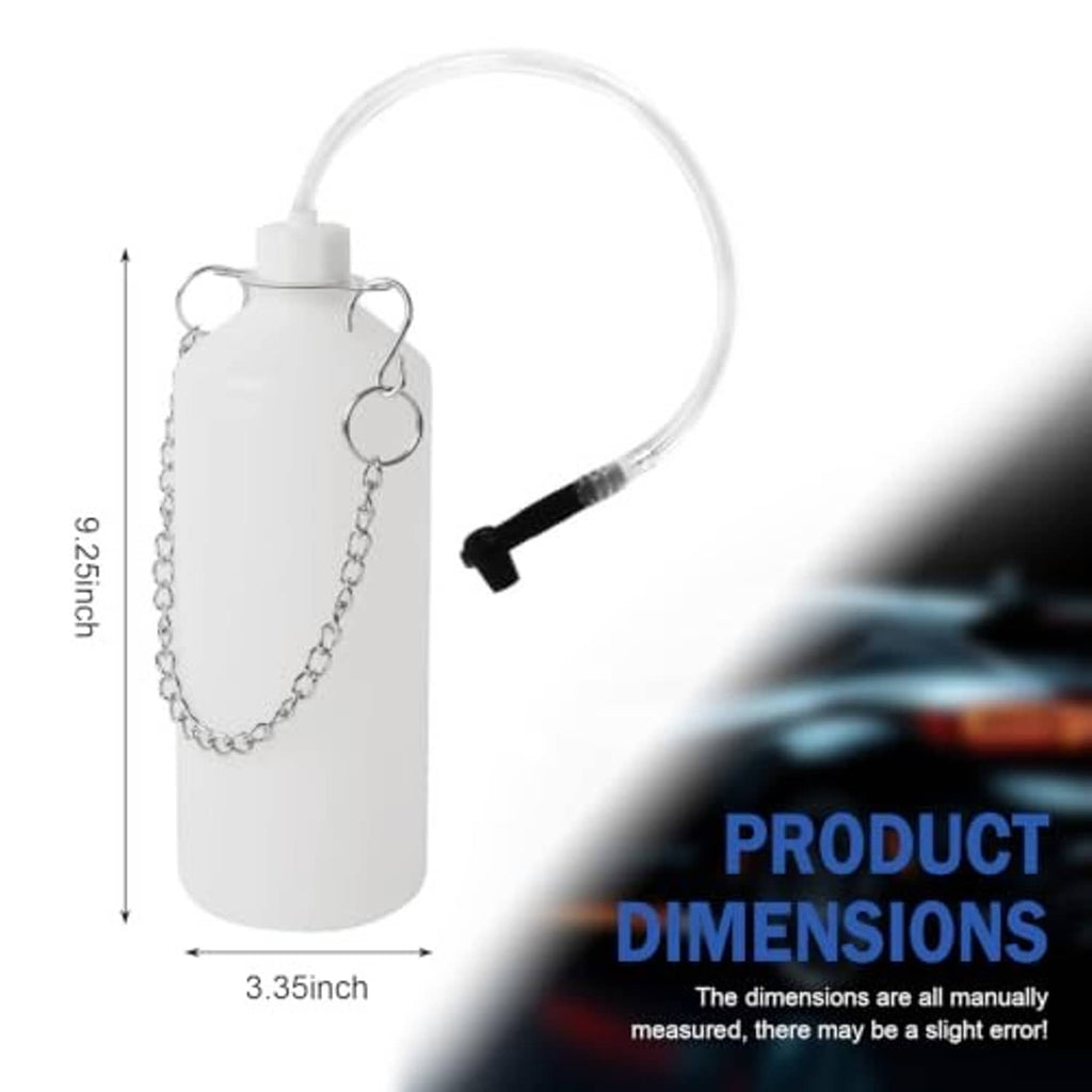 Compact brake bleeder bottle with clear hose loop and black pump attachment