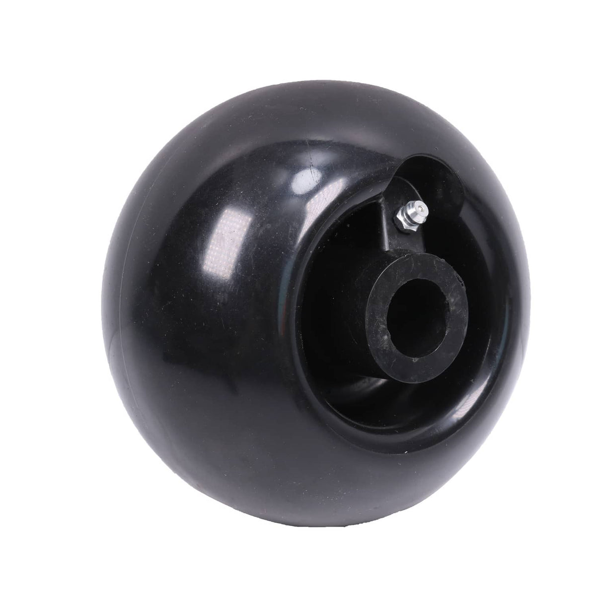 Black deck wheel close-up showing outer rim, inner hub, and bolt
