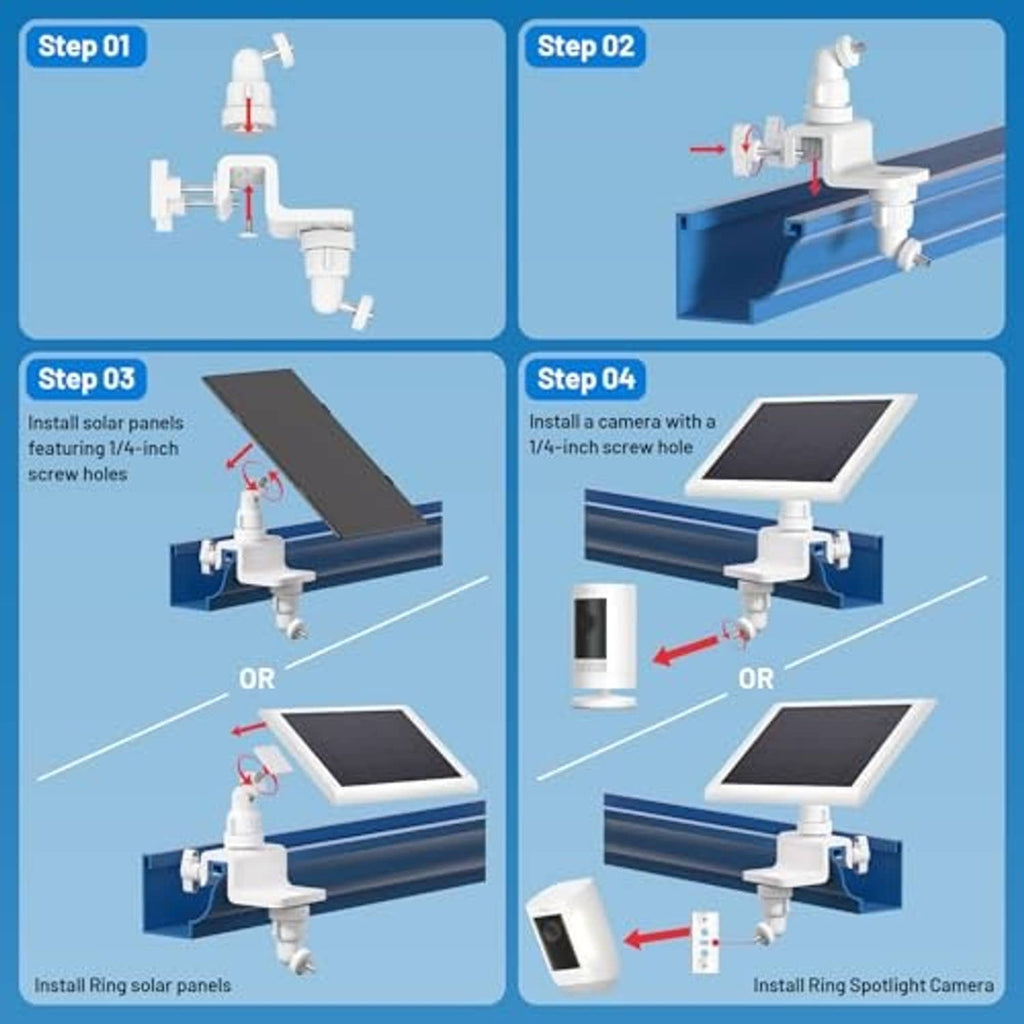 Installation steps showing white gutter mount clips and solar panel camera attachment