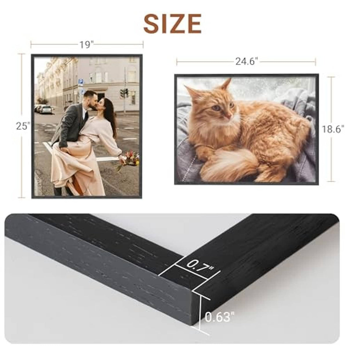 Black wood picture frame corner profile with size and thickness markings.