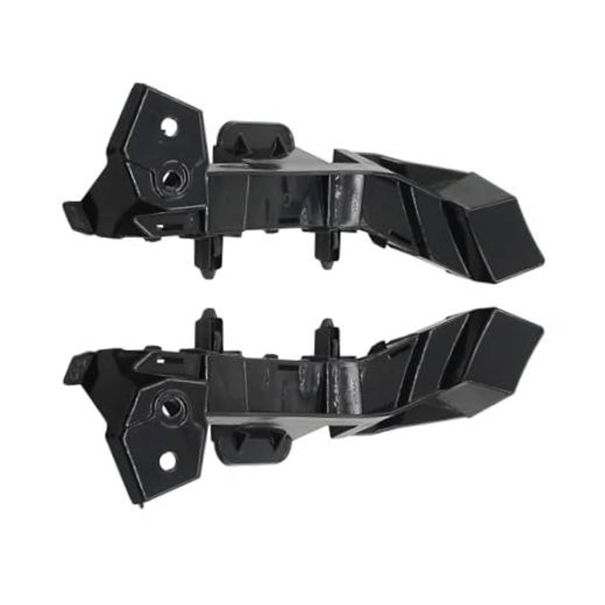 Front bumper guide bracket retainer support set, black plastic with mounting holes