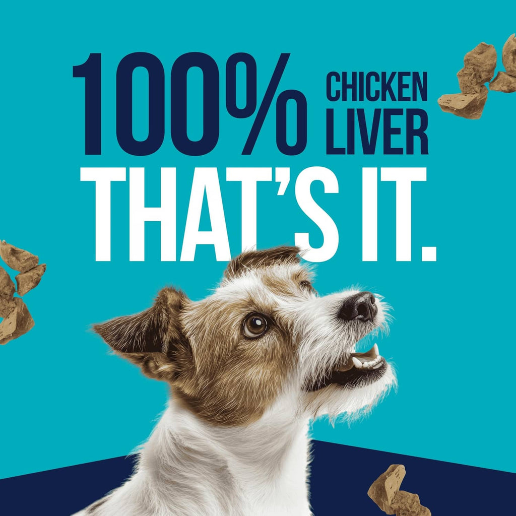 Freeze-dried chicken liver dog treats with dog portrait and liver treat pieces