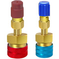 Brass quick coupler adapter with red and blue protective caps and textured grip sleeves