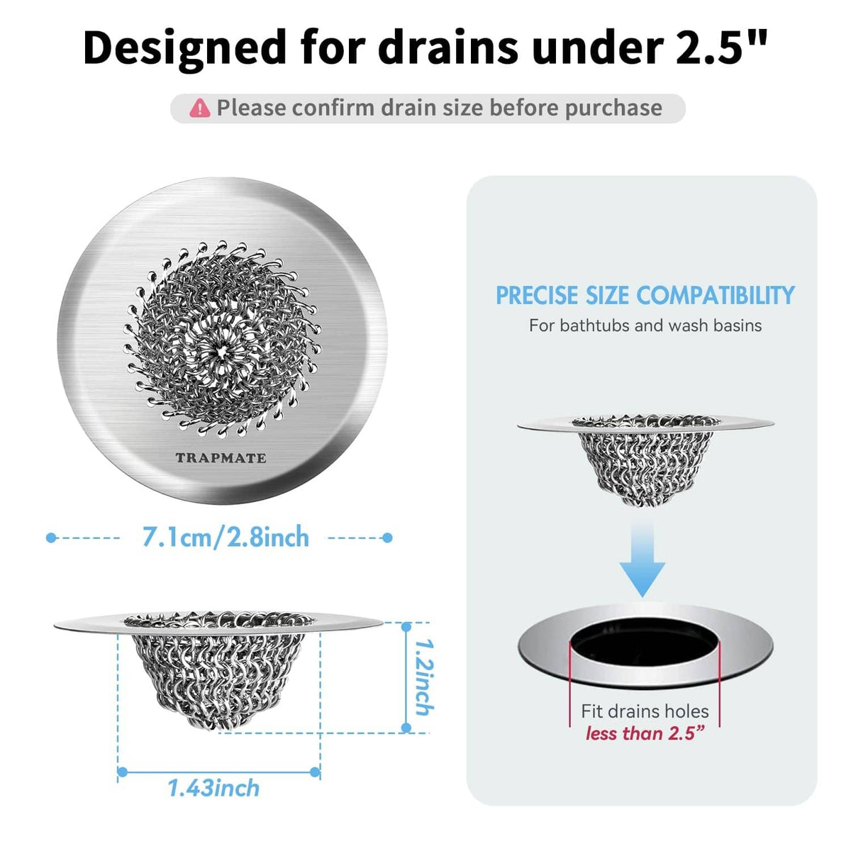 Silver reversible drain strainer set with 2.8 in size, designed for drains under 2.5 in
