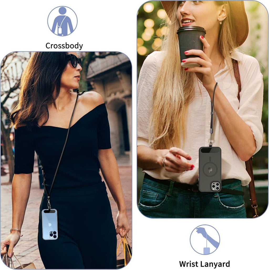 Phone lanyard strap set worn with phone hanging at chest and wrist positions