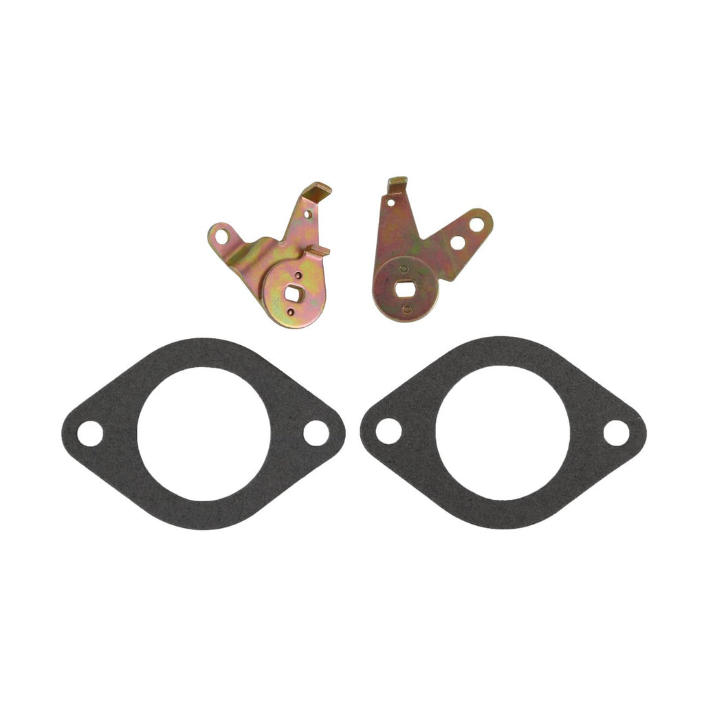 Carburetor gasket set with two round gaskets and two rust-brown metal bracket pieces