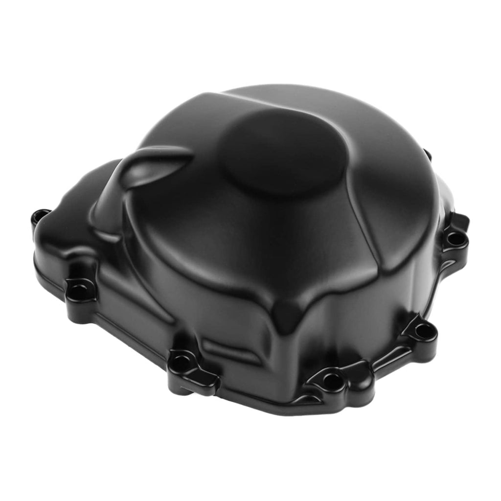 Left crankcase stator cover, black finish with raised details and edge bolt mounts.