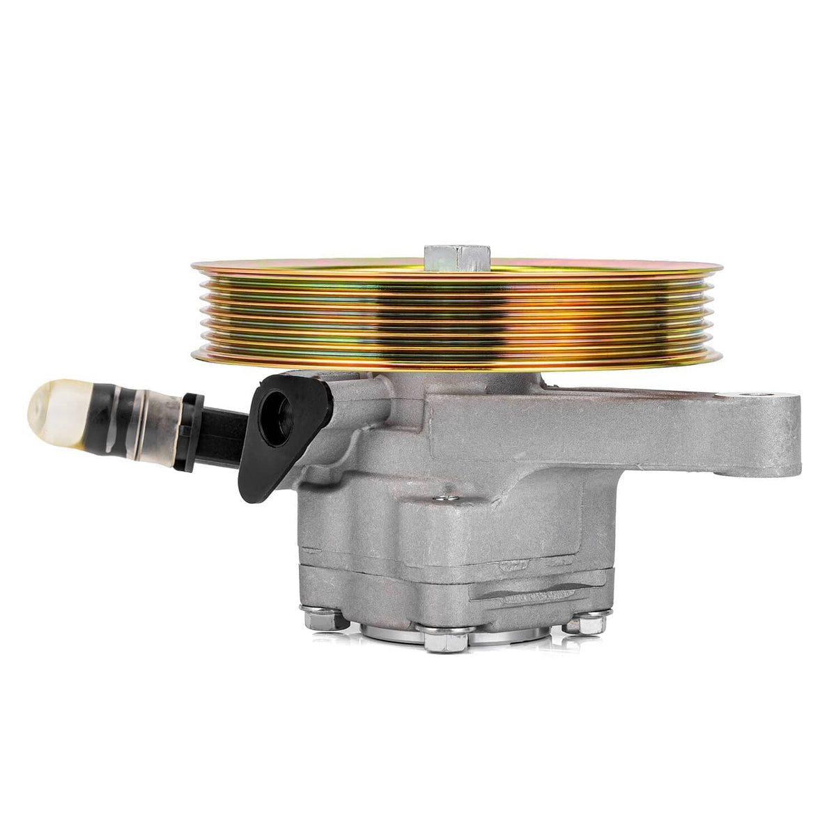 Power steering pump with pulley wheel, silver body, and pressure line