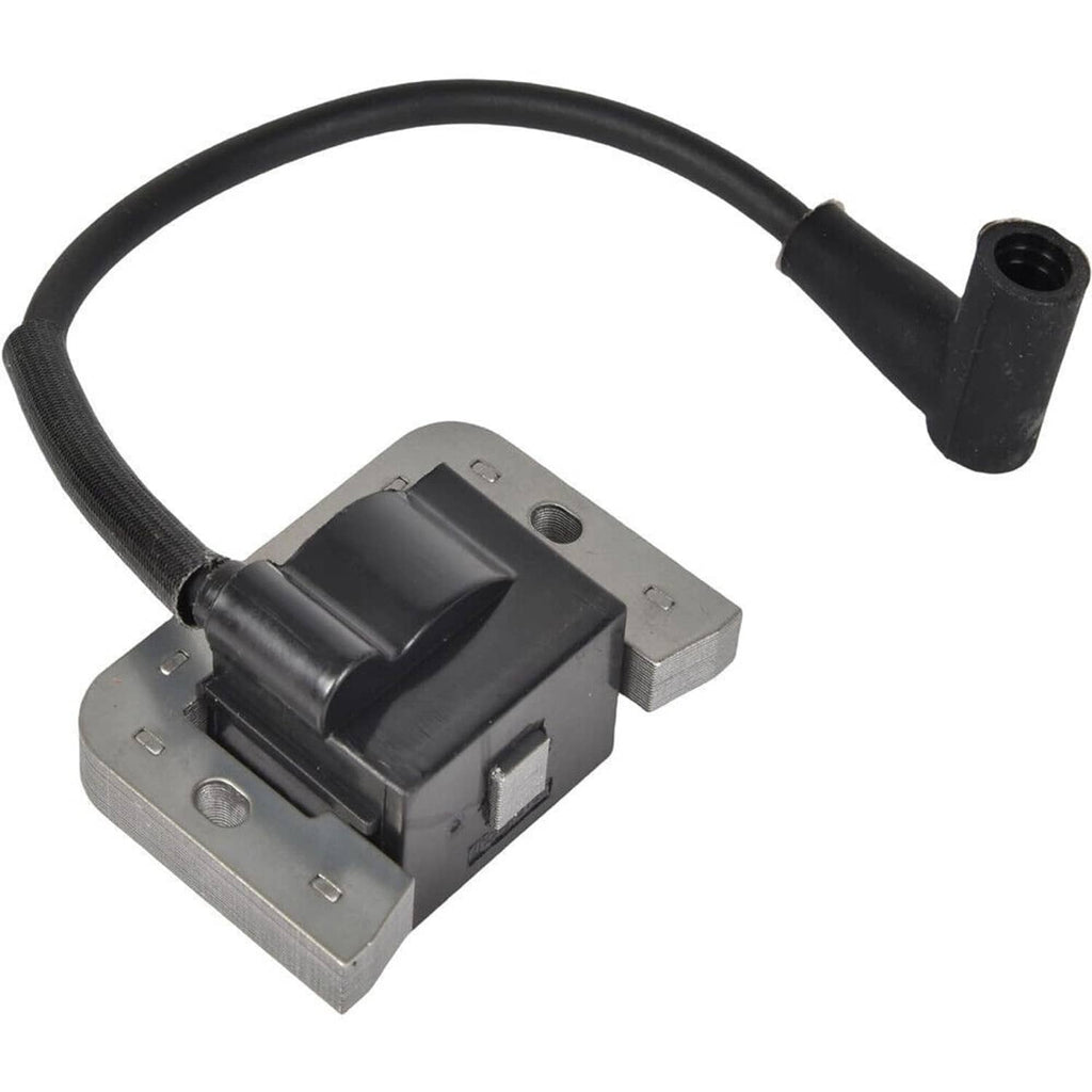 Ignition module with black ignition coil, gray mounting base and attached wire lead