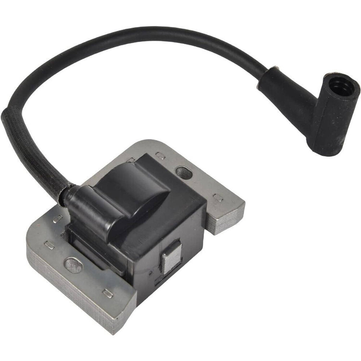 Ignition module with black ignition coil, gray mounting base and attached wire lead