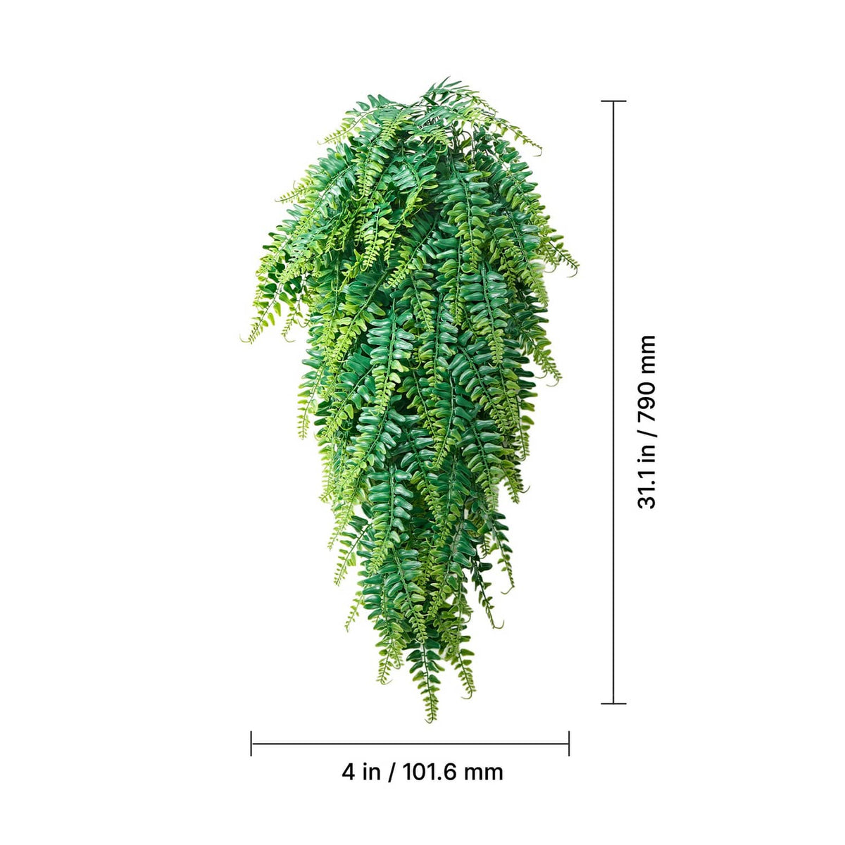 Artificial hanging Boston fern bush with dense green fronds, shown with length markers