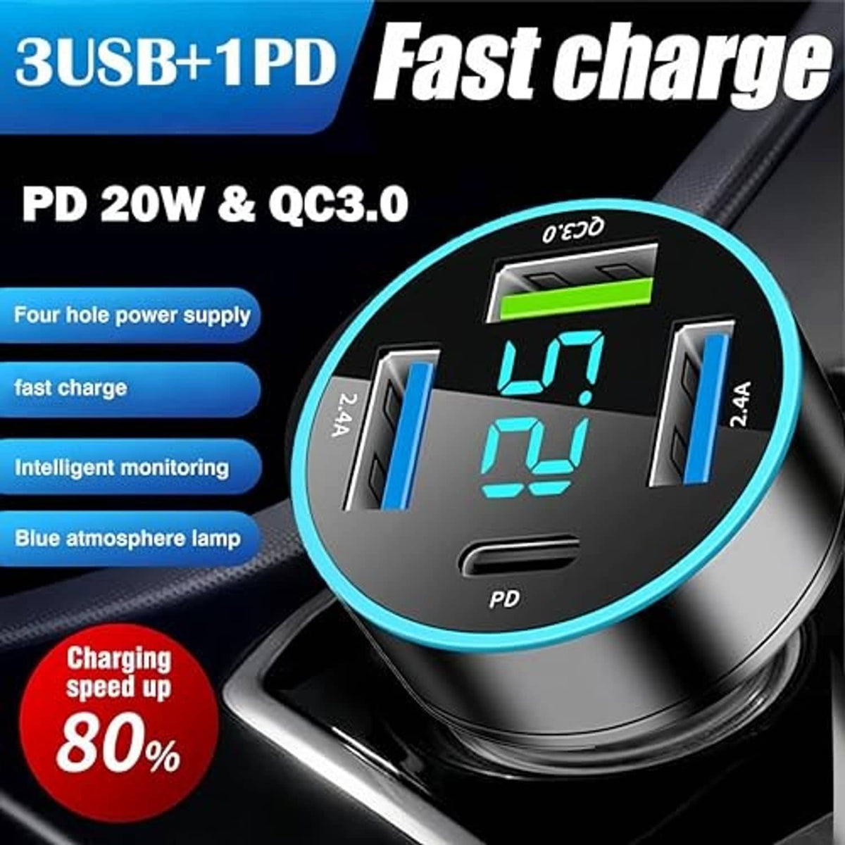 Black 4-port car USB charger with blue LED voltage display and multiple USB ports